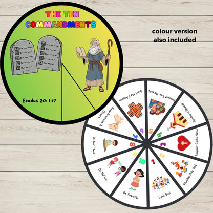 Coloured 10 Commandments wheel spinner craft printable for kids Christian Bible lessons.