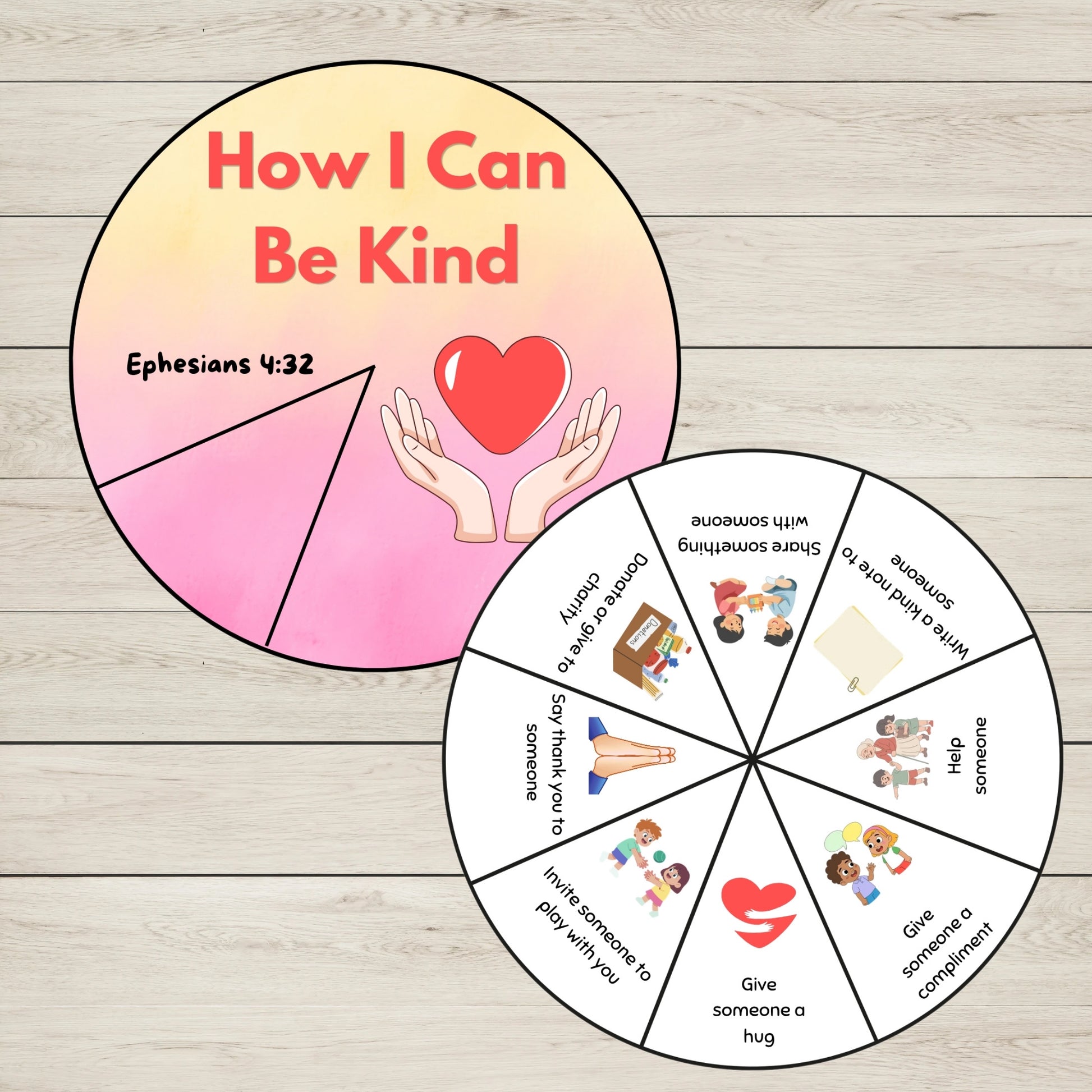 Coloured Kindness Wheel Spinner Craft with random acts of kindness prompts for Sunday School, homeschool, and Christian classrooms.