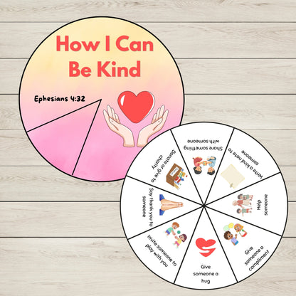 Coloured Kindness Wheel Spinner Craft with random acts of kindness prompts for Sunday School, homeschool, and Christian classrooms.