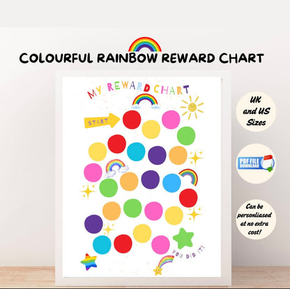 Bright rainbow-themed reward chart printable for kids with colourful circles, designed for tracking behavior and adding stickers or stars.
