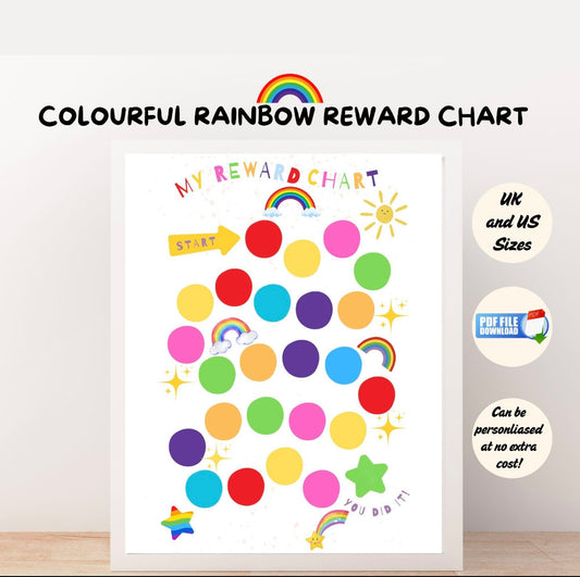 Bright rainbow-themed reward chart printable for kids with colourful circles, designed for tracking behavior and adding stickers or stars.
