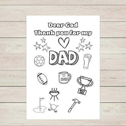 Colouring page with 'Dear God, Thank you for my Dad' text and various icons on a white background.
