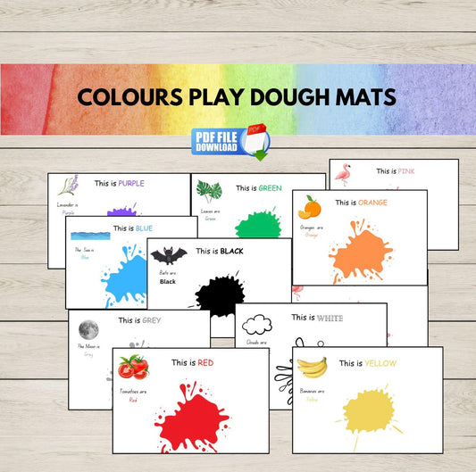 Printable colour play dough mats for kids with bright visuals-fun activity for teaching colour recognition and fine motor skills in early learners.