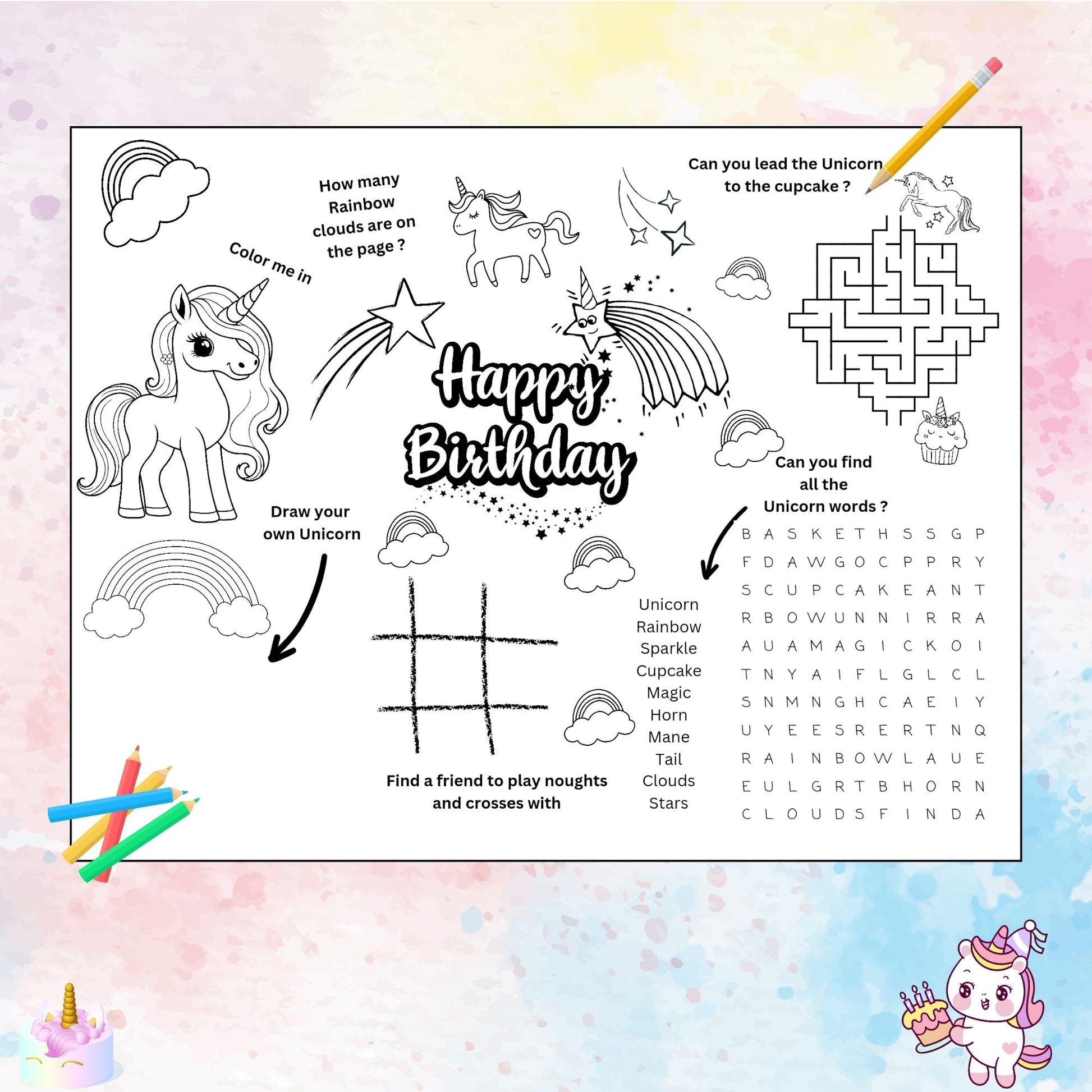 "A unicorn birthday activity placemat printable with colouring and puzzle games."