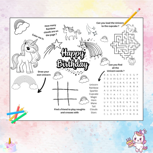 "A unicorn birthday activity placemat printable with colouring and puzzle games."