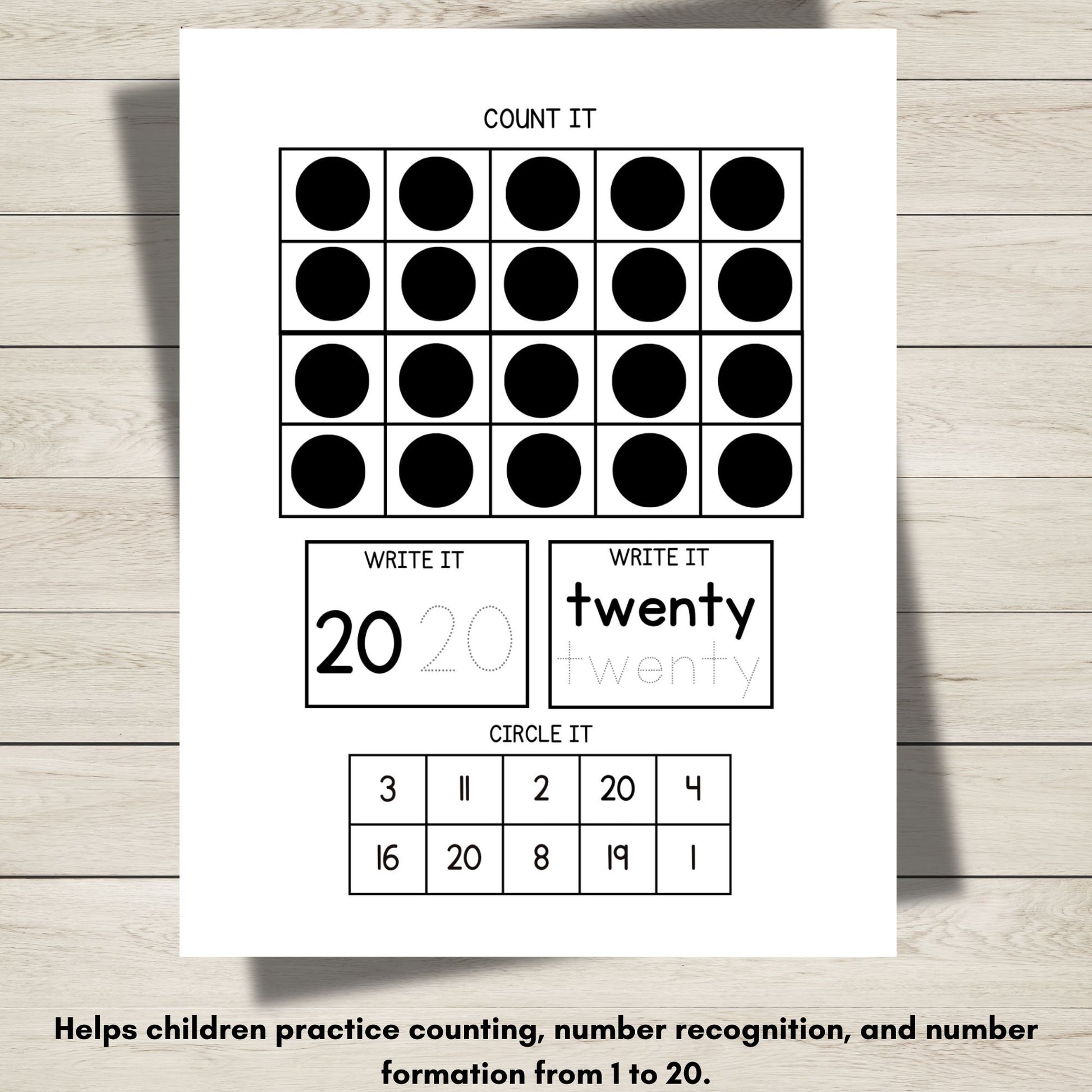 A worksheet with the number twenty and counting and tracing. 