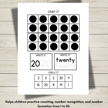 A worksheet with the number twenty and counting and tracing. 