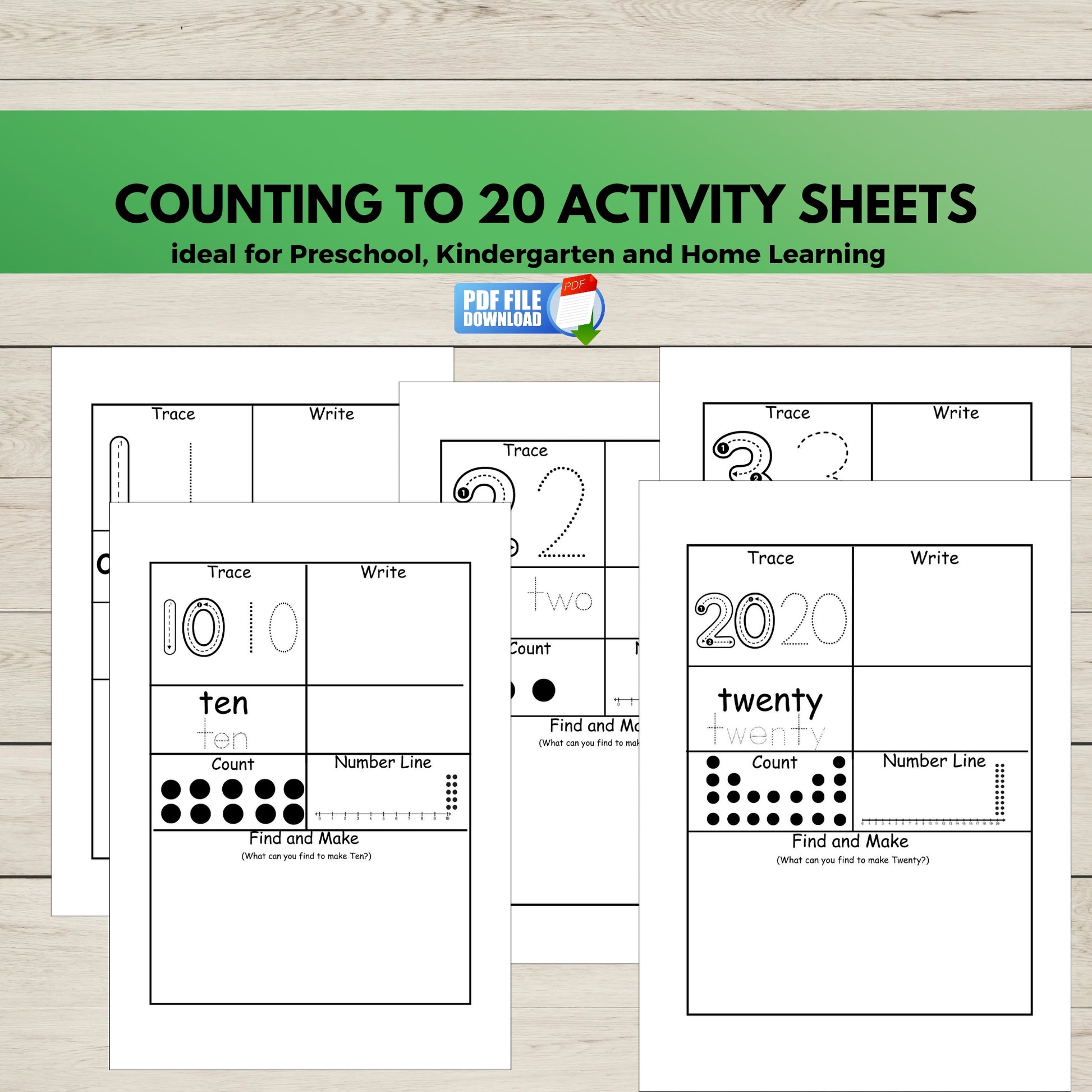 Printable counting to 20 activity sheets for preschool, kindergarten, and homeschool, including number tracing and early math practice.