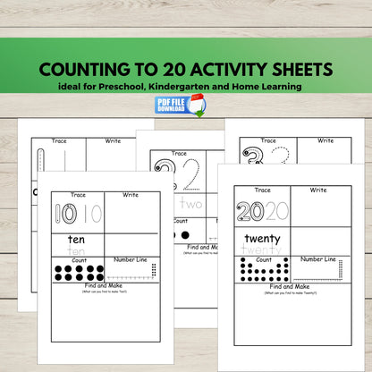 Printable counting to 20 activity sheets for preschool, kindergarten, and homeschool, including number tracing and early math practice.