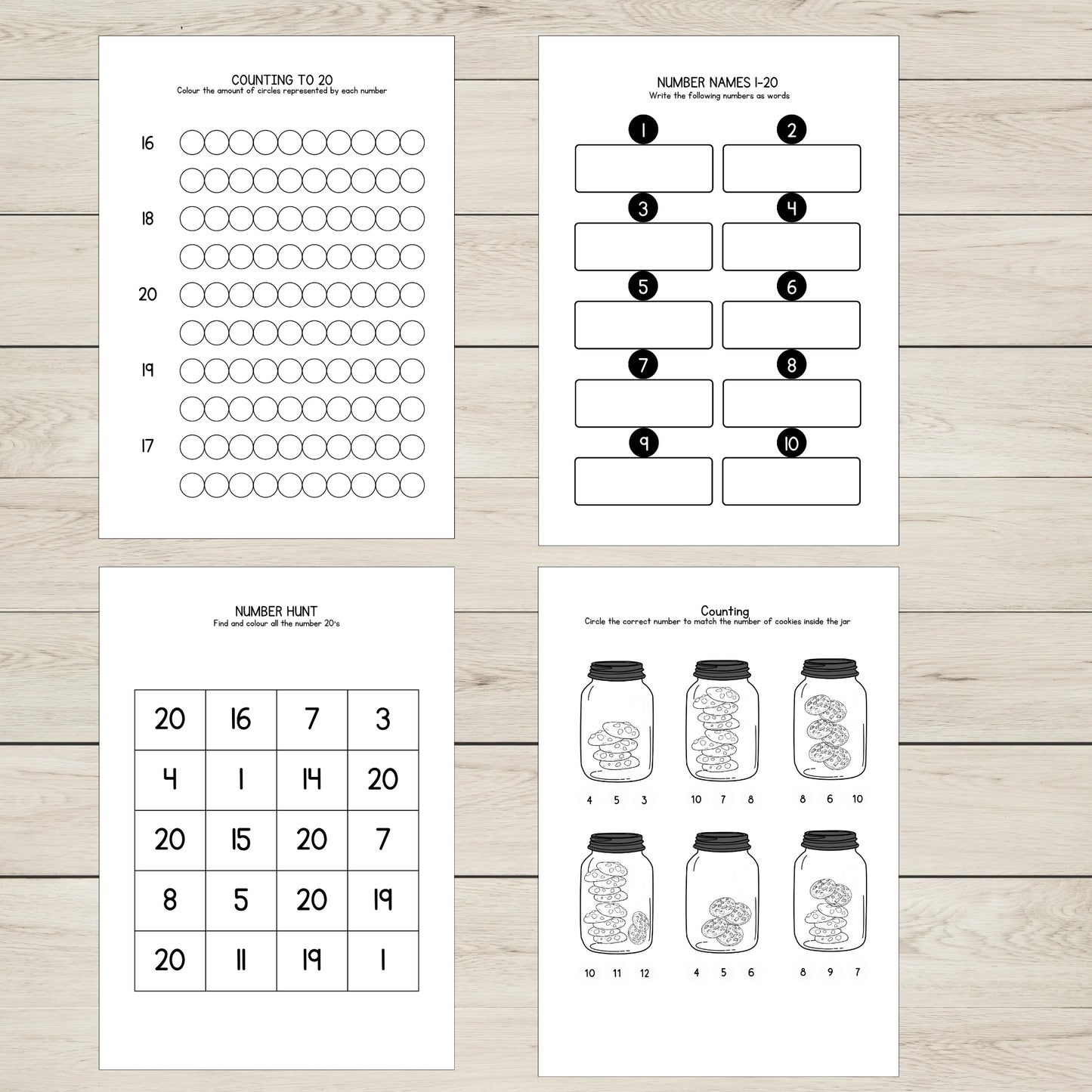 A set of printable counting to 20 activity worksheets for early math skills. 
