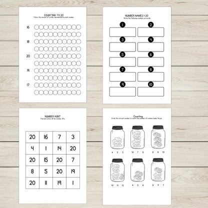 A set of printable counting to 20 activity worksheets for early math skills. 
