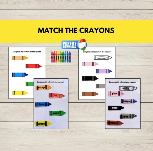 A free printable matching coloured crayons activity for kids.