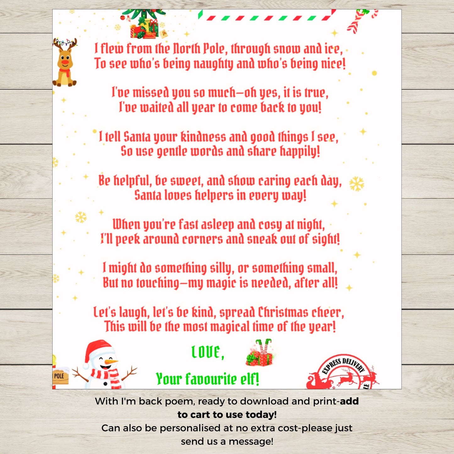 Letter from Santa with a snowman and reindeer illustration on a wooden background
