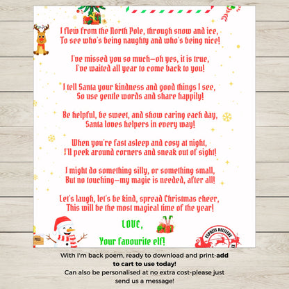 Letter from Santa with a snowman and reindeer illustration on a wooden background