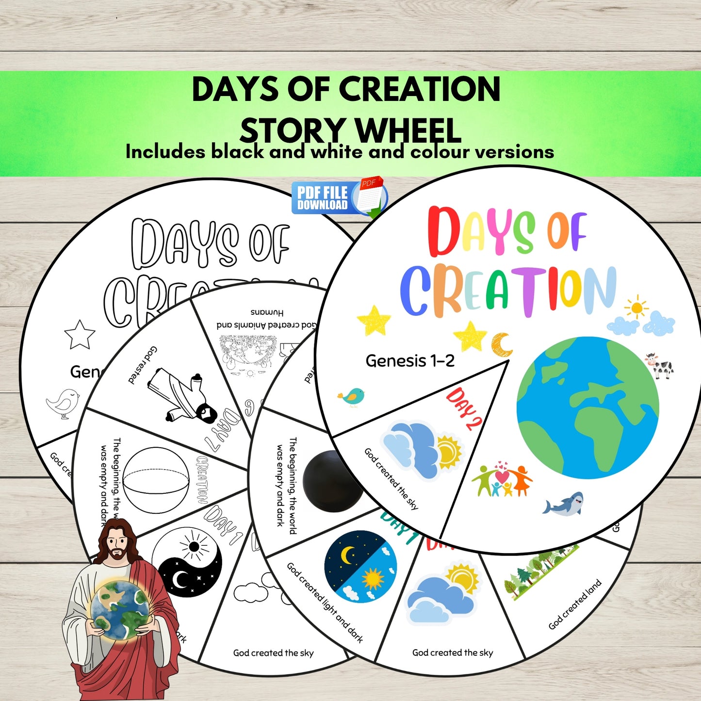 Digital printable product preview for 'Days of Creation Story Wheel' showing two partially unfolded white circular wheel templates with black-and-white and coloured illustrations, plus a green banner and wood-texture background.