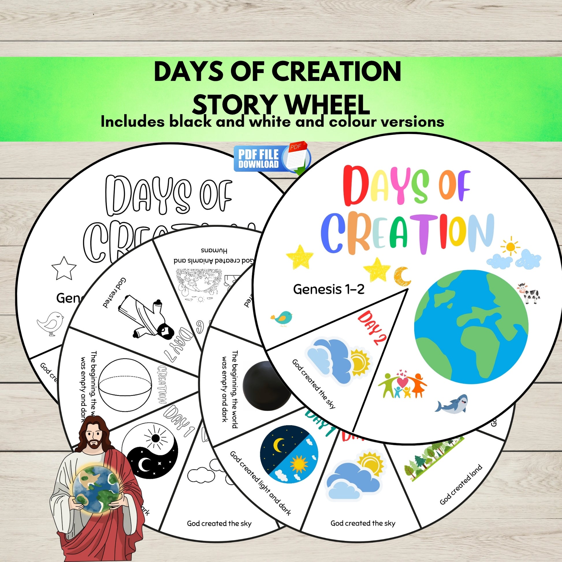 Digital printable product preview for 'Days of Creation Story Wheel' showing two partially unfolded white circular wheel templates with black-and-white and coloured illustrations, plus a green banner and wood-texture background.