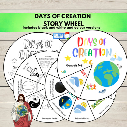 Digital printable product preview for 'Days of Creation Story Wheel' showing two partially unfolded white circular wheel templates with black-and-white and coloured illustrations, plus a green banner and wood-texture background.