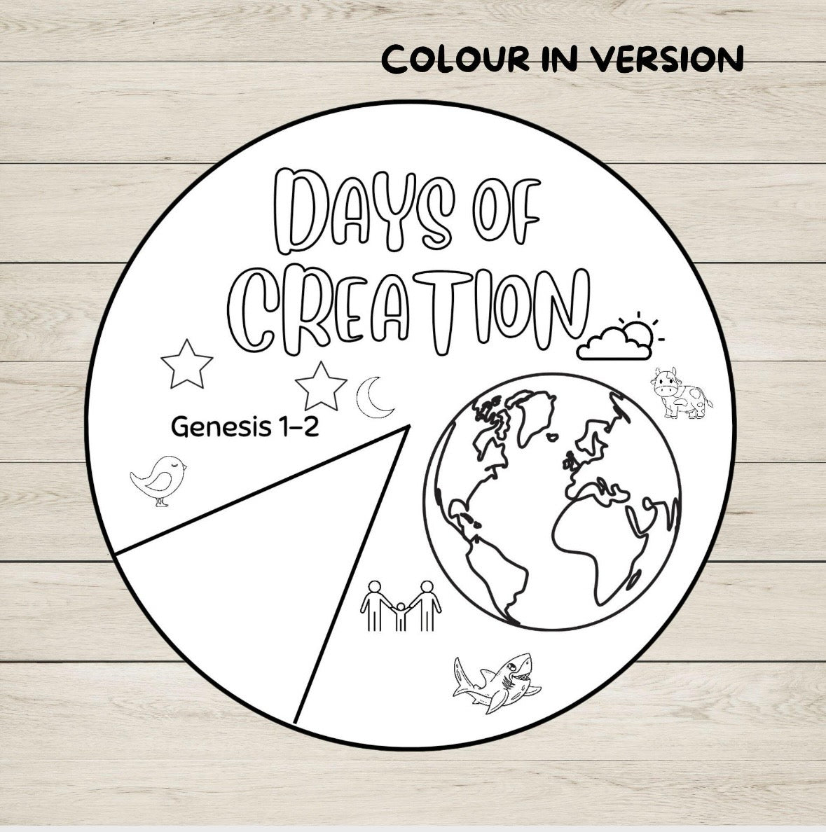 A circular black-and-white coloring wheel craft design, with the text 'COLOUR IN VERSION' above it. The page reads 'DAYS OF CREATION' and includes 'Genesis 1–2,' plus simple line drawings of stars, a bird, moon, cloud, fish, people, and a globe.