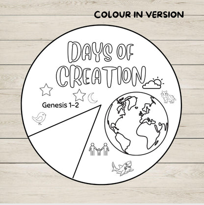 A circular black-and-white coloring wheel craft design, with the text 'COLOUR IN VERSION' above it. The page reads 'DAYS OF CREATION' and includes 'Genesis 1–2,' plus simple line drawings of stars, a bird, moon, cloud, fish, people, and a globe.