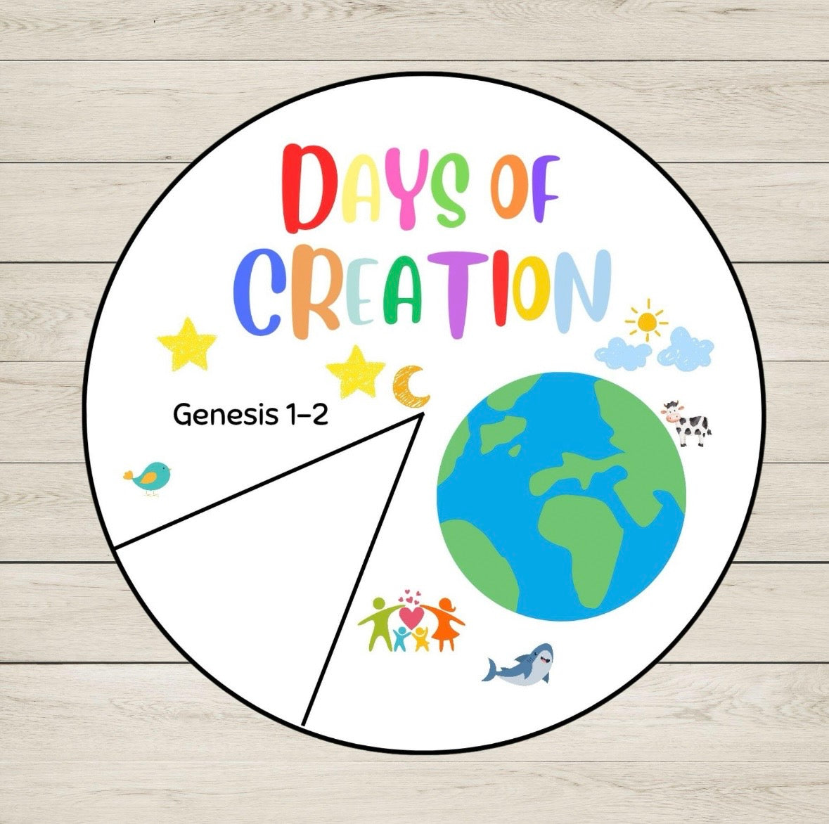 A circular white print or sign with colorful text reading 'DAYS OF CREATION' and 'Genesis 1-2,' plus simple illustrations of stars, a sun, clouds, a bird, a whale, people holding hands, and a blue-green Earth. The round item is photographed on a light wood plank background.