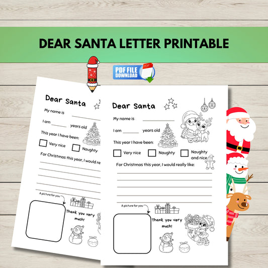 Printable Dear Santa letter for kids featuring space to write Christmas wishes and colour festive holiday illustrations.