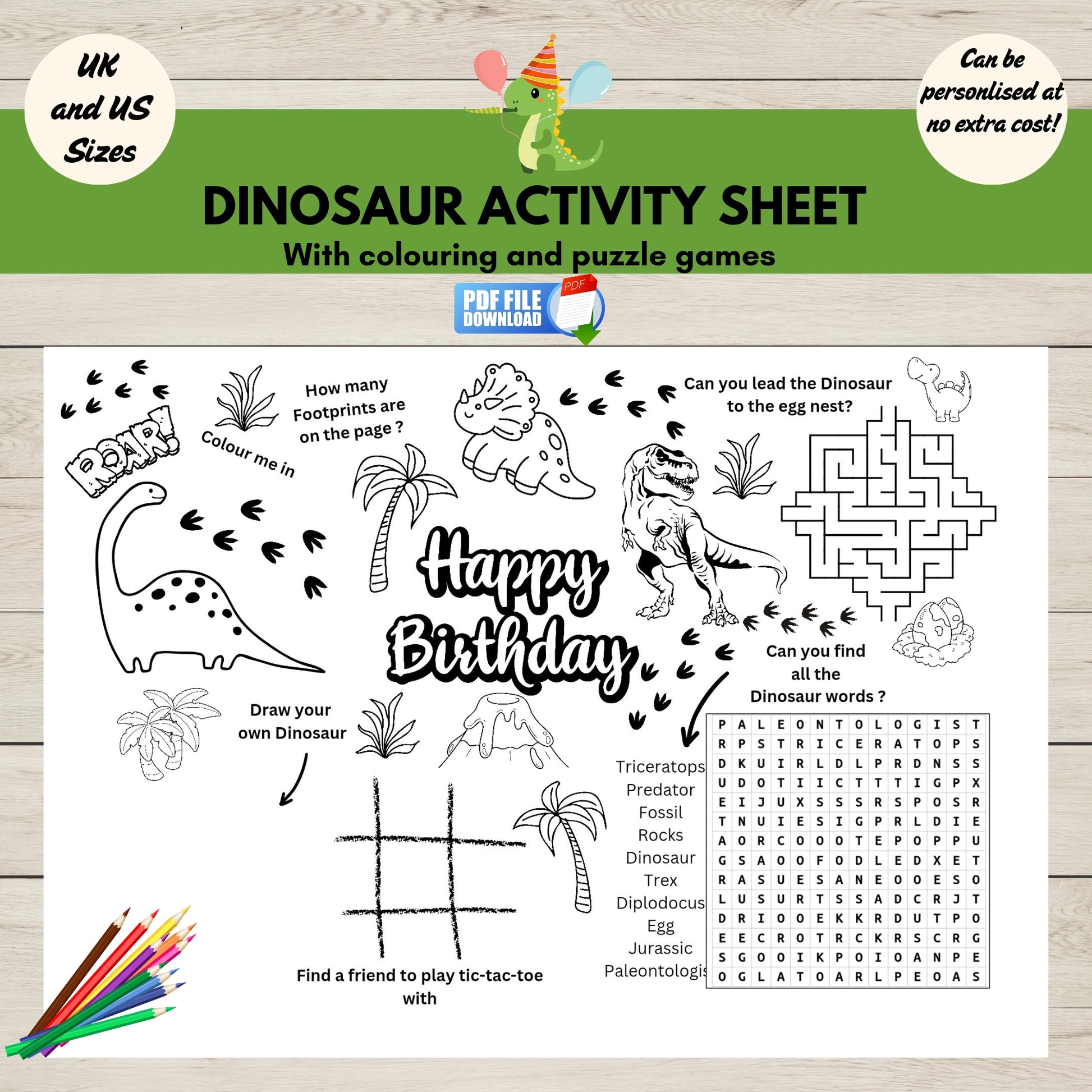 Dinosaur-themed party activity mat with fun colouring, mazes, and games-perfect for kids’ birthday parties and dino-themed celebrations.