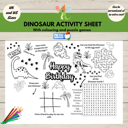 Dinosaur-themed party activity mat with fun colouring, mazes, and games-perfect for kids’ birthday parties and dino-themed celebrations.