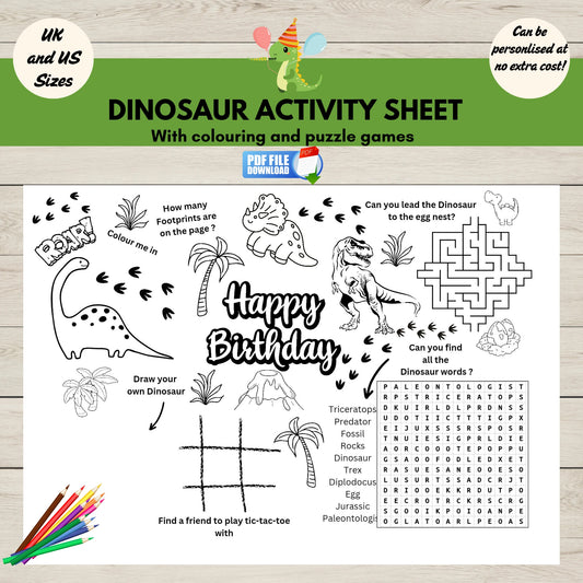 Dinosaur-themed party activity mat with fun colouring, mazes, and games-perfect for kids’ birthday parties and dino-themed celebrations.