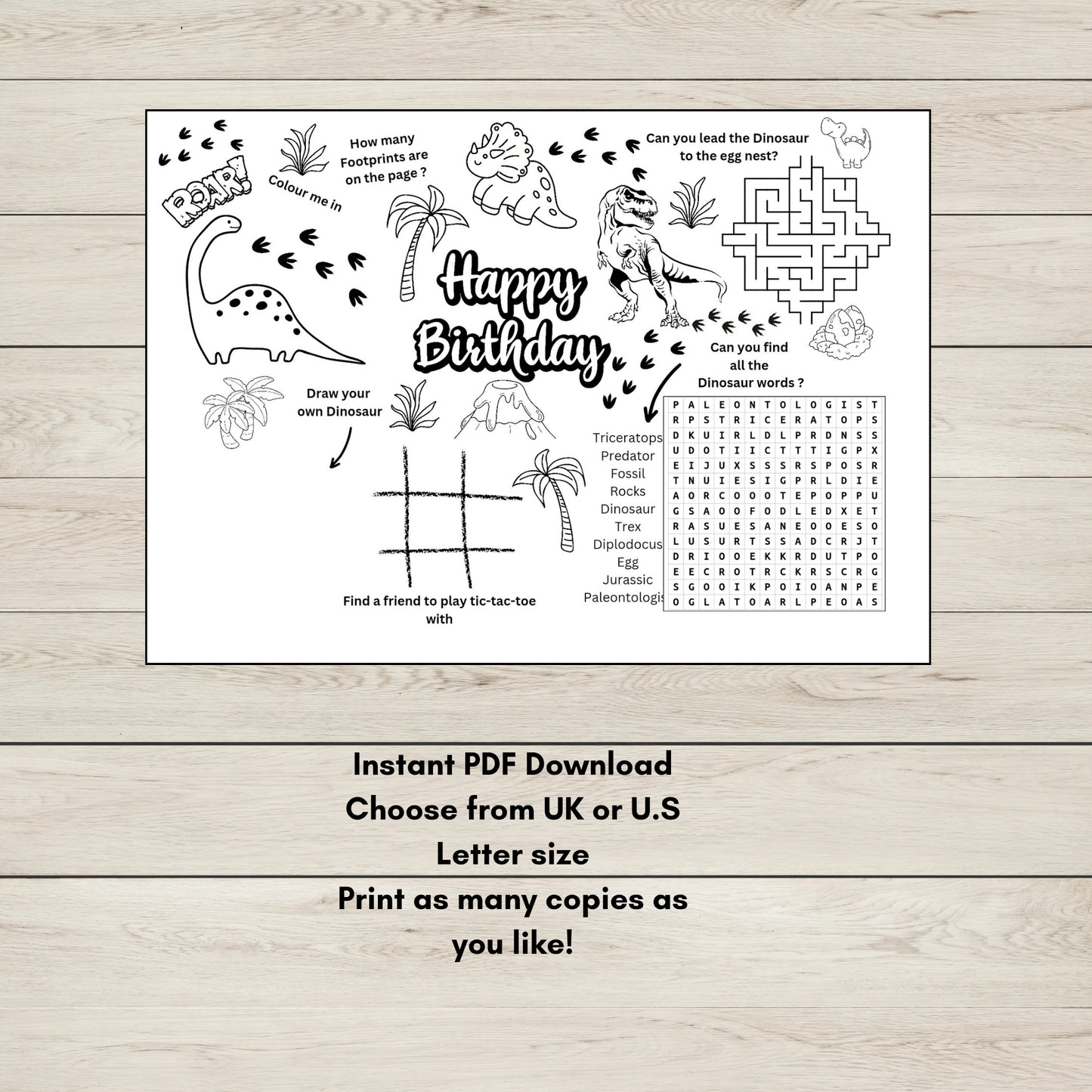 A birthday colouring and puzzle games sheet for kids with a dinosaur theme. 