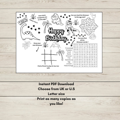 A birthday colouring and puzzle games sheet for kids with a dinosaur theme. 