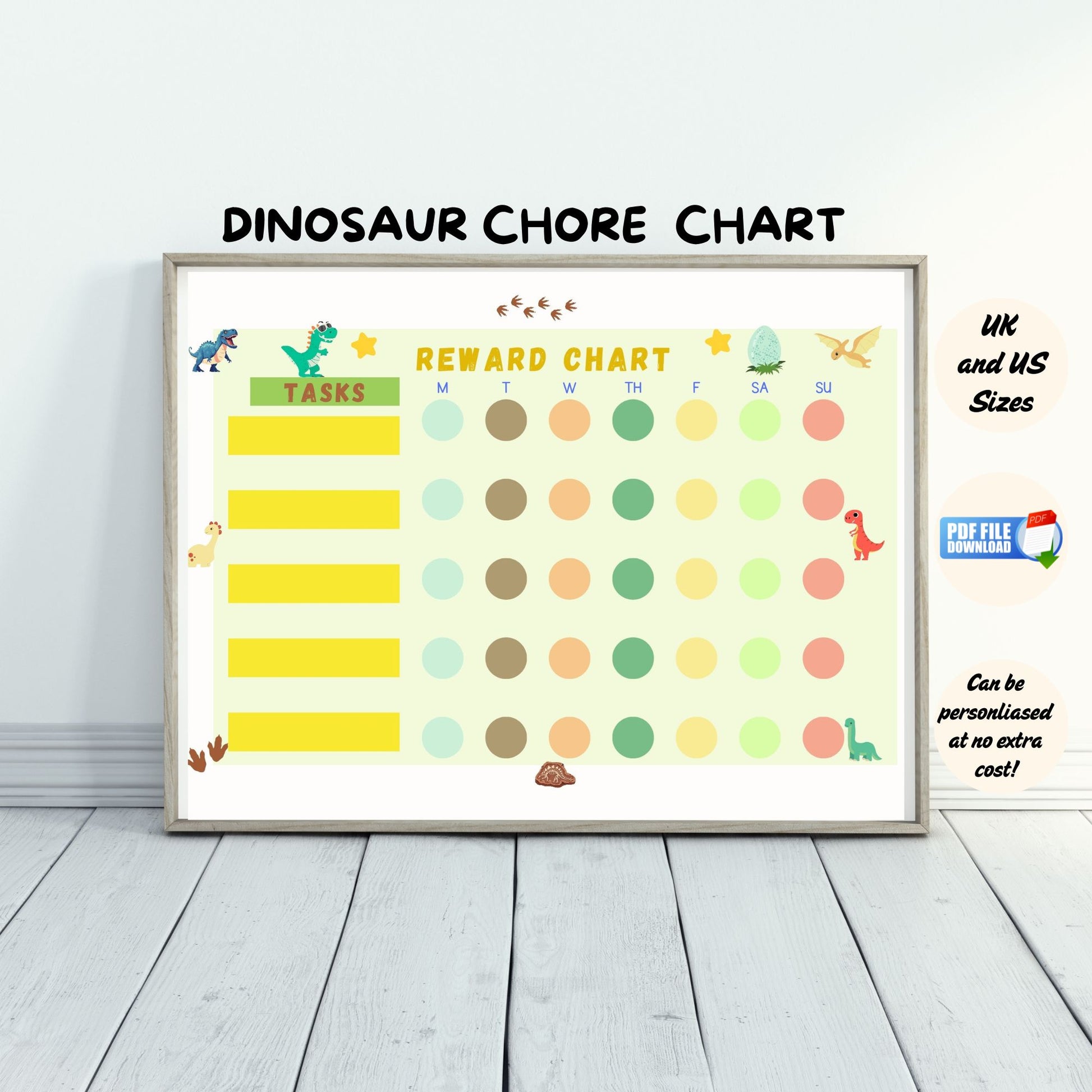 A printable dinosaur kids daily chore chart.