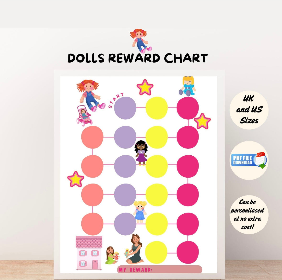 A printable reward chart for kids with doll images.
