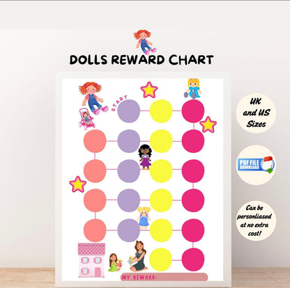 A printable reward chart for kids with doll images.