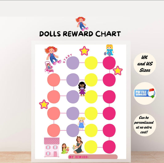 A printable reward chart for kids with doll images.