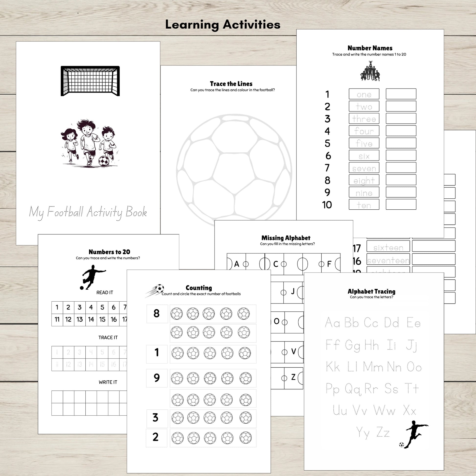 Football alphabet tracing and counting worksheets