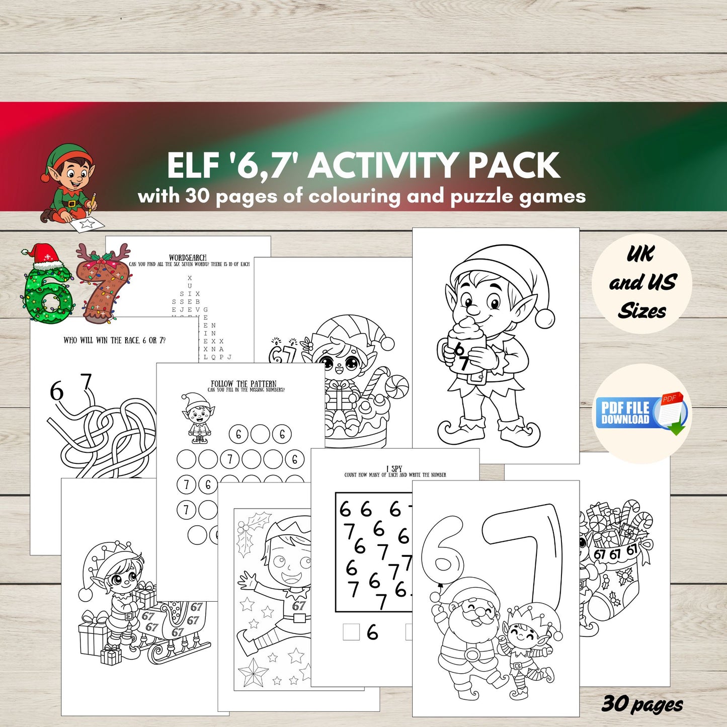 Elf-themed activity pack with coloring and puzzle games on a wooden surface