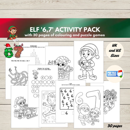 Elf-themed activity pack with coloring and puzzle games on a wooden surface