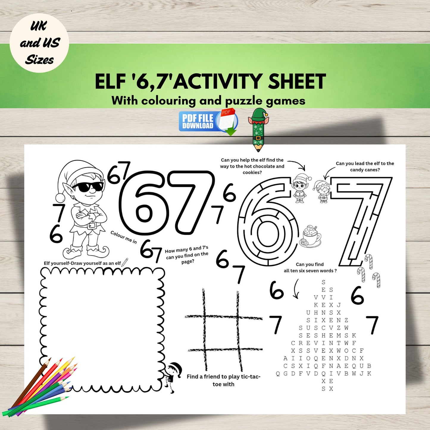 Elf '6,7' activity sheet with coloring and puzzle games on a wooden surface.