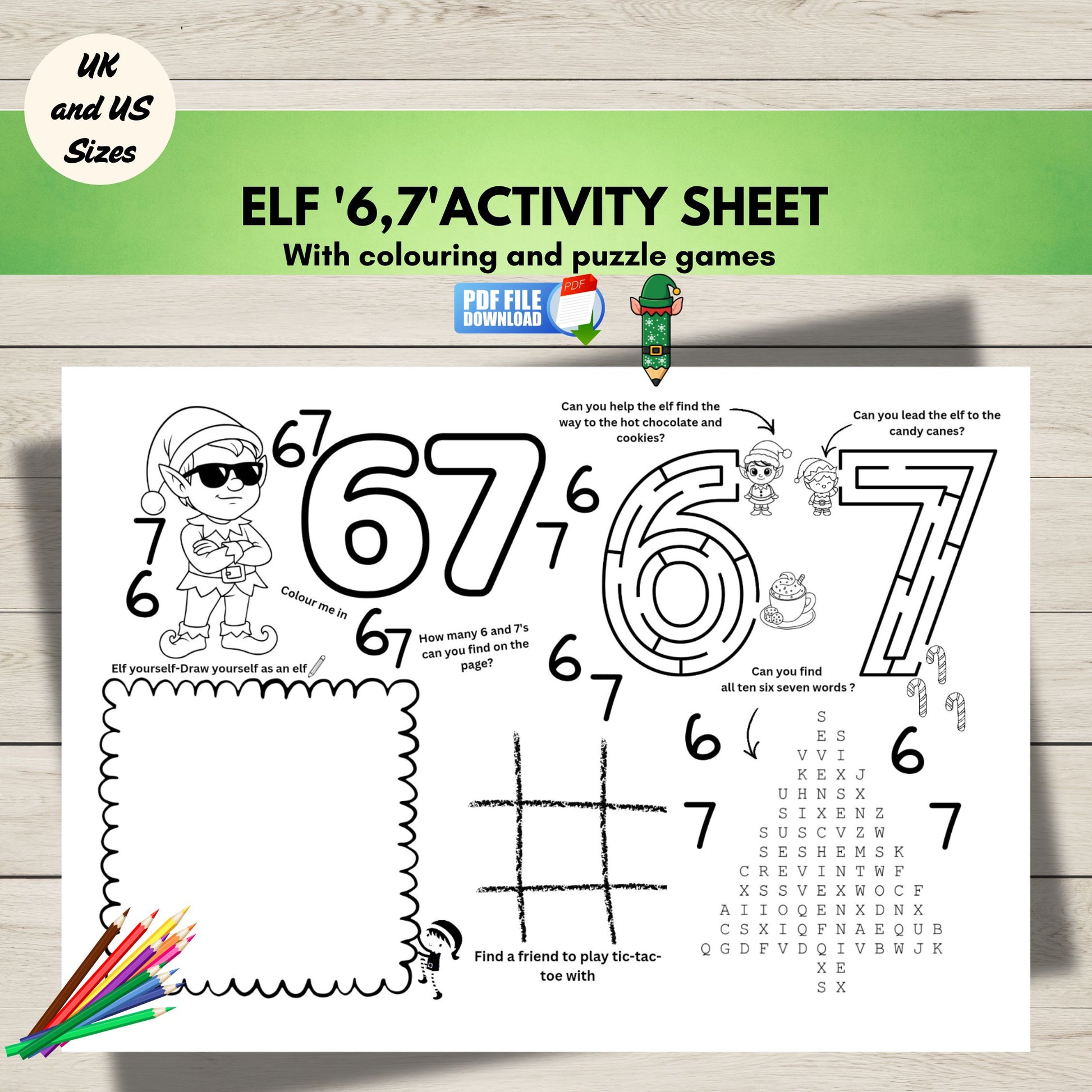 Elf '6,7' activity sheet with coloring and puzzle games on a wooden surface.