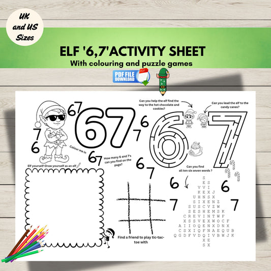 Elf '6,7' activity sheet with coloring and puzzle games on a wooden surface.