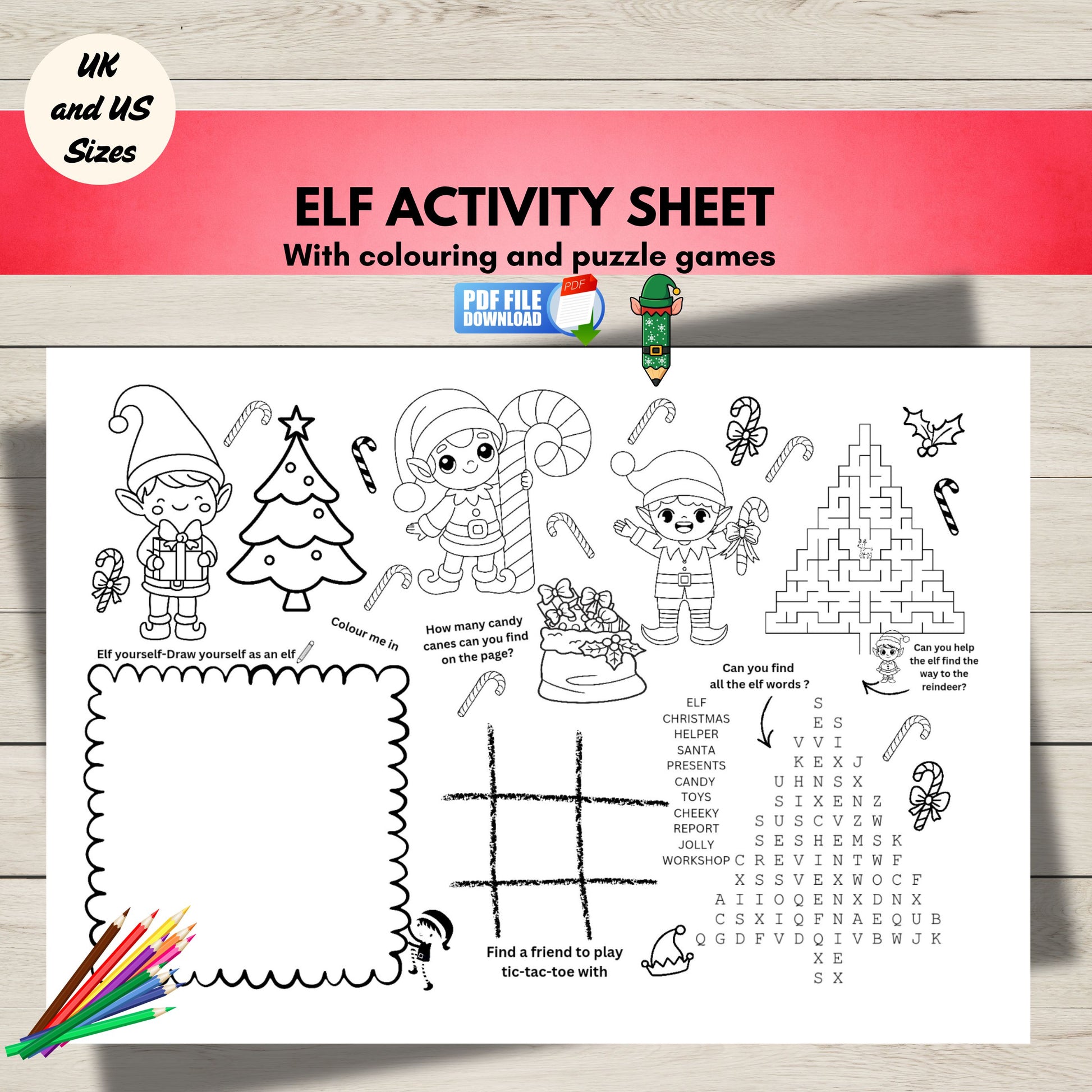 Elf activity sheet with colouring and puzzle games on a wooden surface.