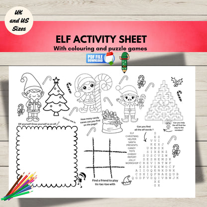 Elf activity sheet with colouring and puzzle games on a wooden surface.