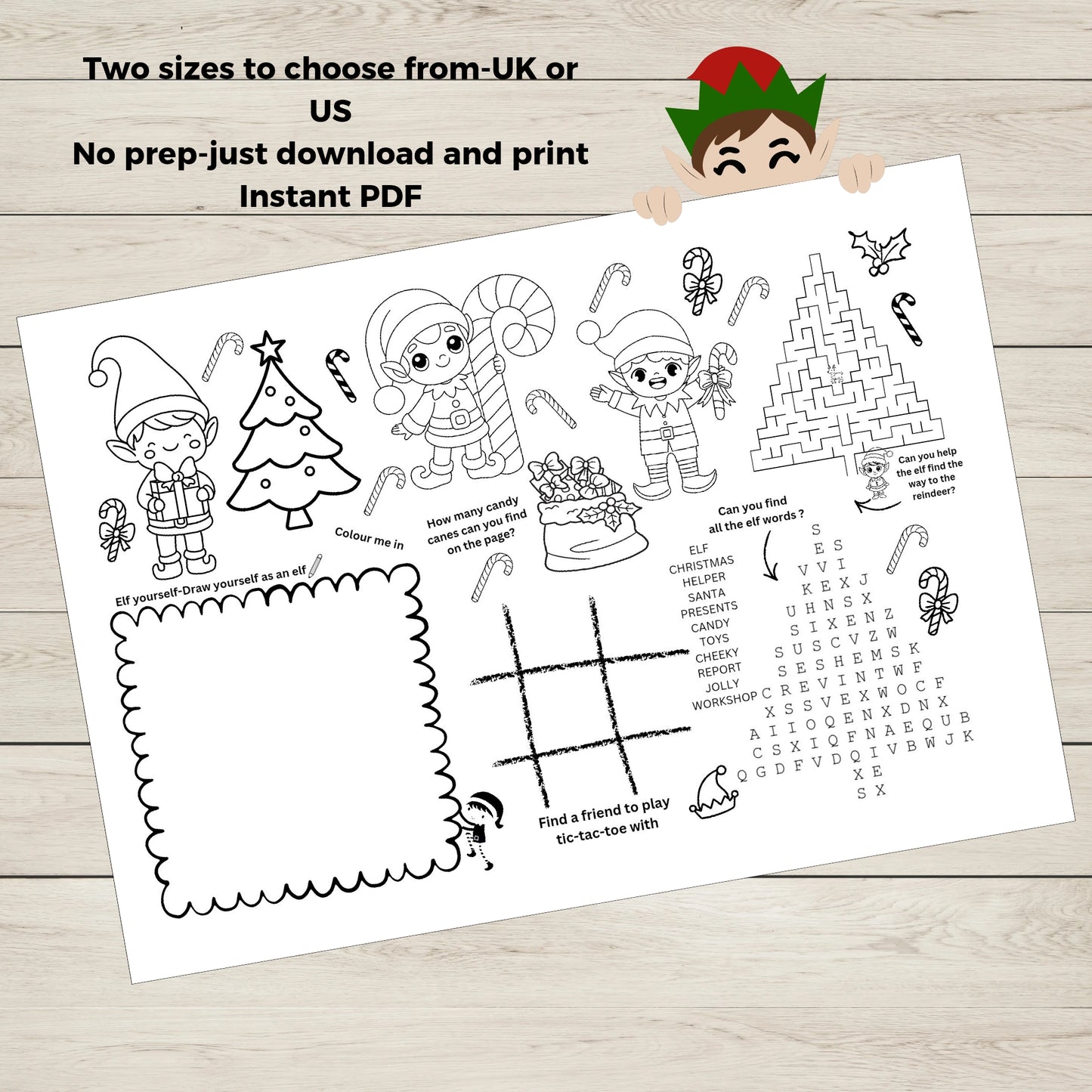Christmas-themed activity sheet with elves and various activities on a wooden surface.