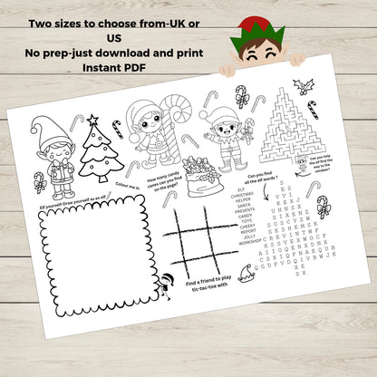 Christmas-themed activity sheet with elves and various activities on a wooden surface.