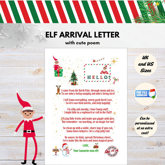 Elf arrival letter with poem on a decorative background
