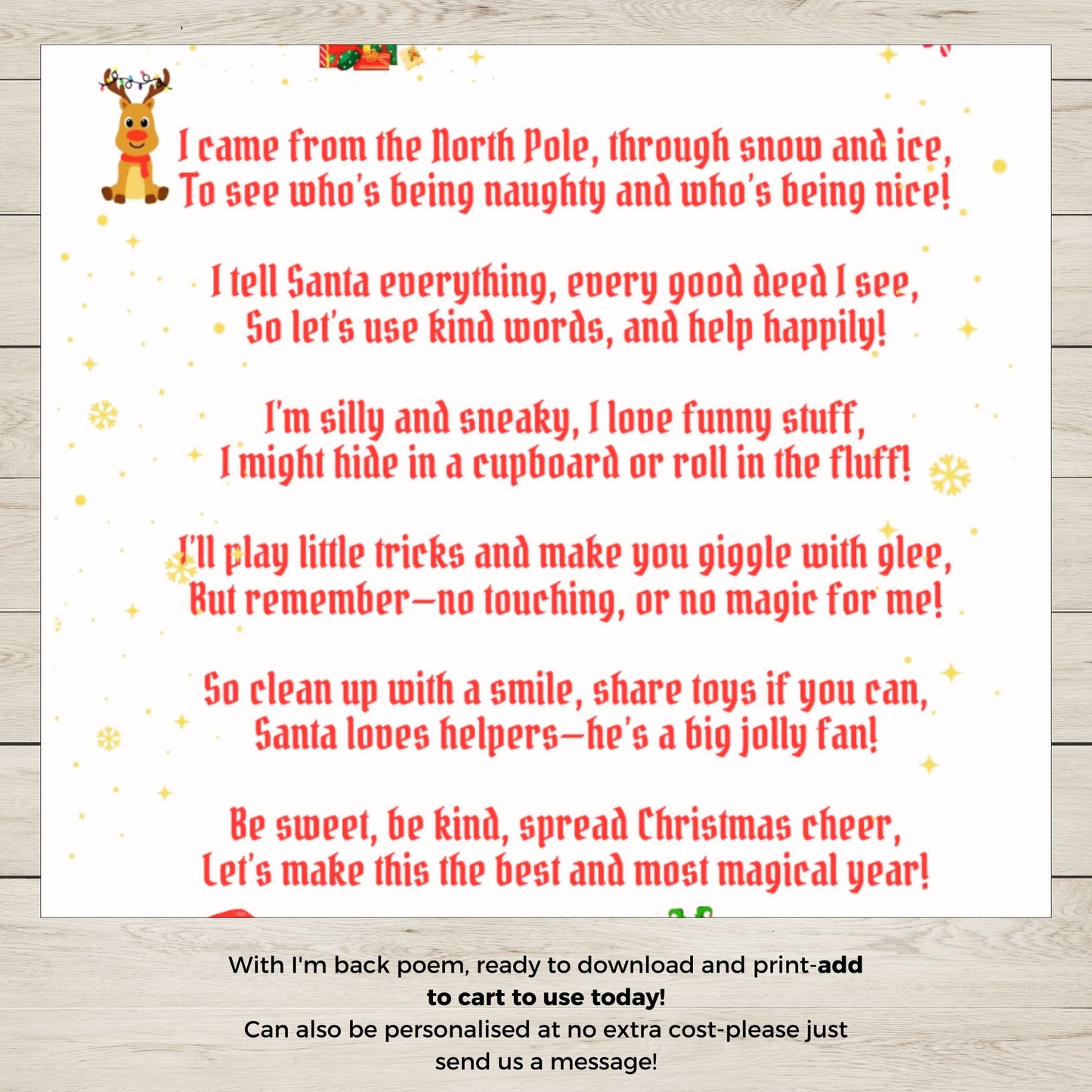 Printable Christmas poem with reindeer illustration on a white background