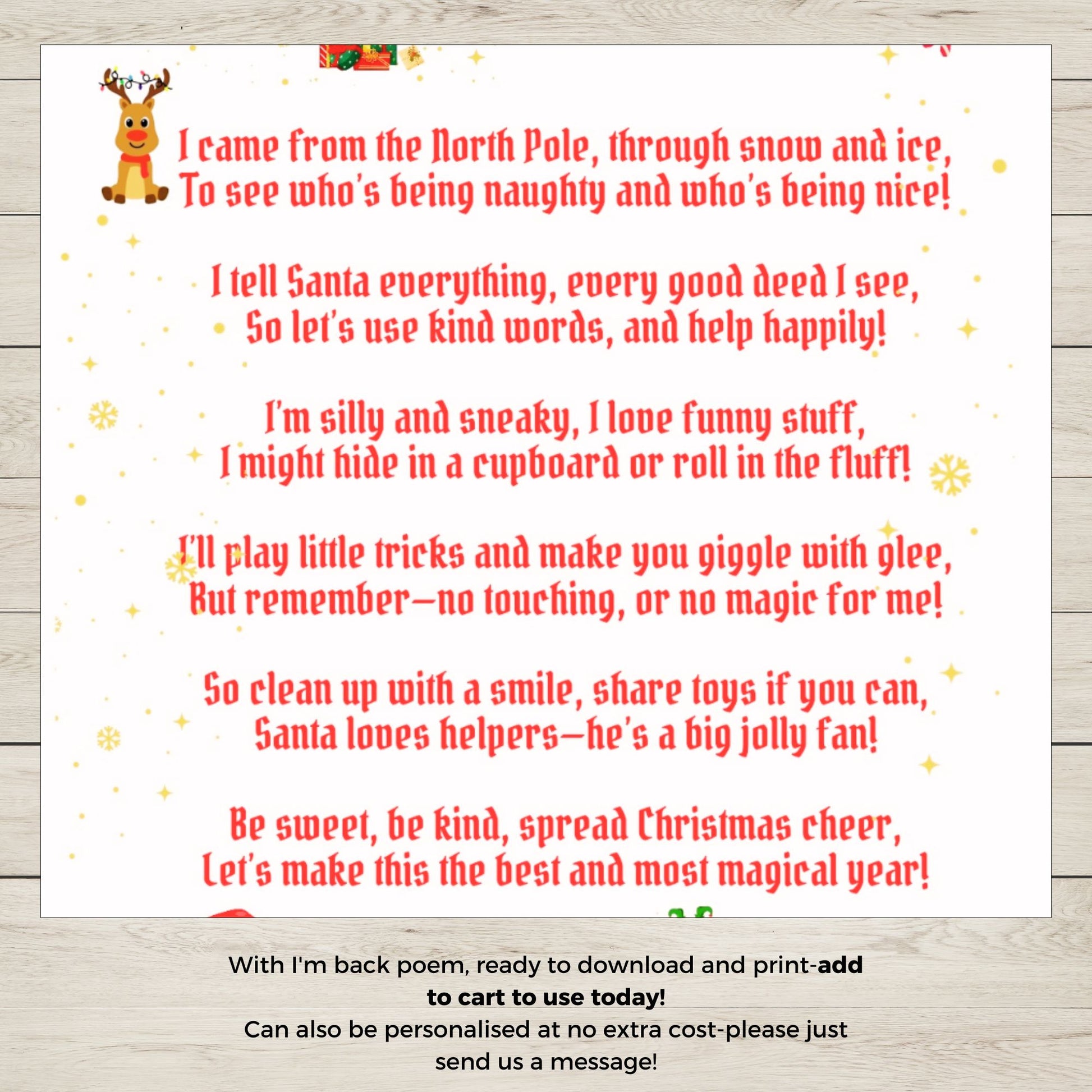 Printable Christmas poem with reindeer illustration on a white background