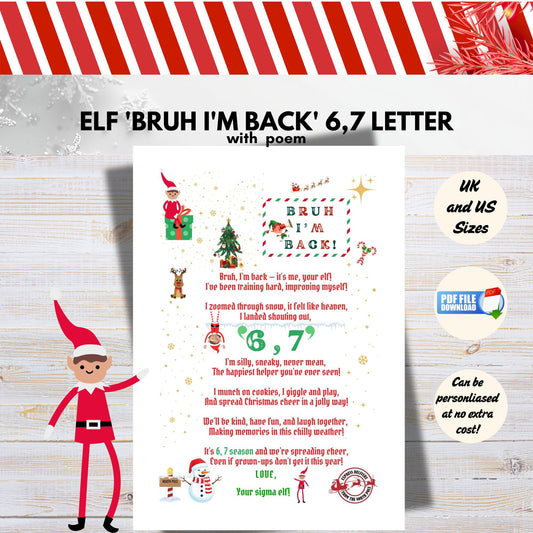 An image of an Elf with a letter featuring 'Bruh I'm Back' and '6,7'. 