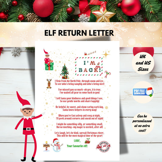 Elf return letter with Christmas decorations on a wooden background