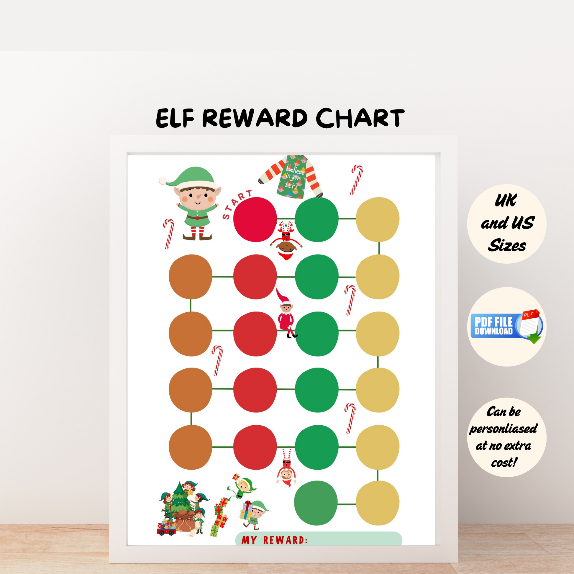 A printable kids reward chart with Elf theme.